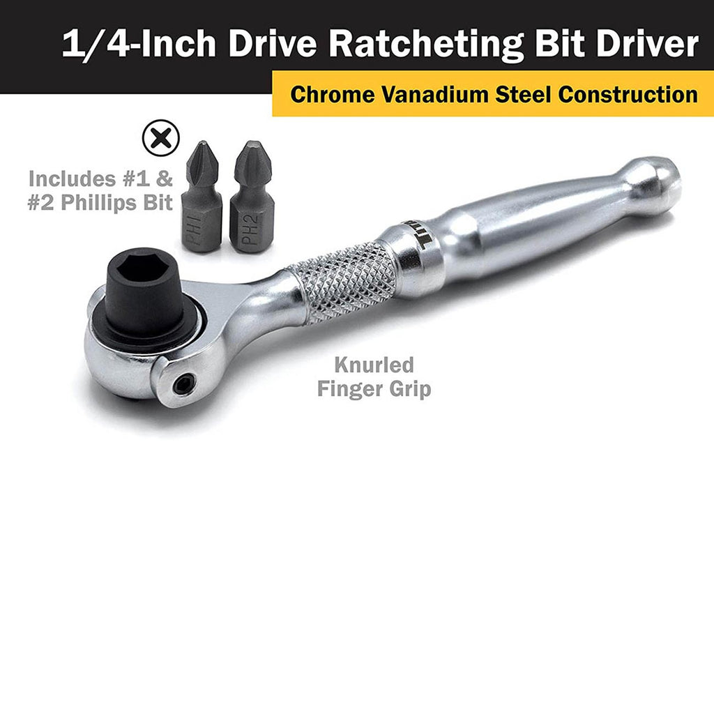 Titan 1/4" Drive Aluminum Swivel Head Micro Ratchet Bit Driver Silver