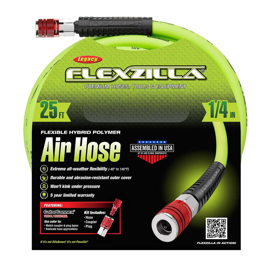 Flexzilla Heavy Duty Lightweight Air Hose 1/4" x 25' with ColorConnex Coupler and Plug - (Red) Ty
