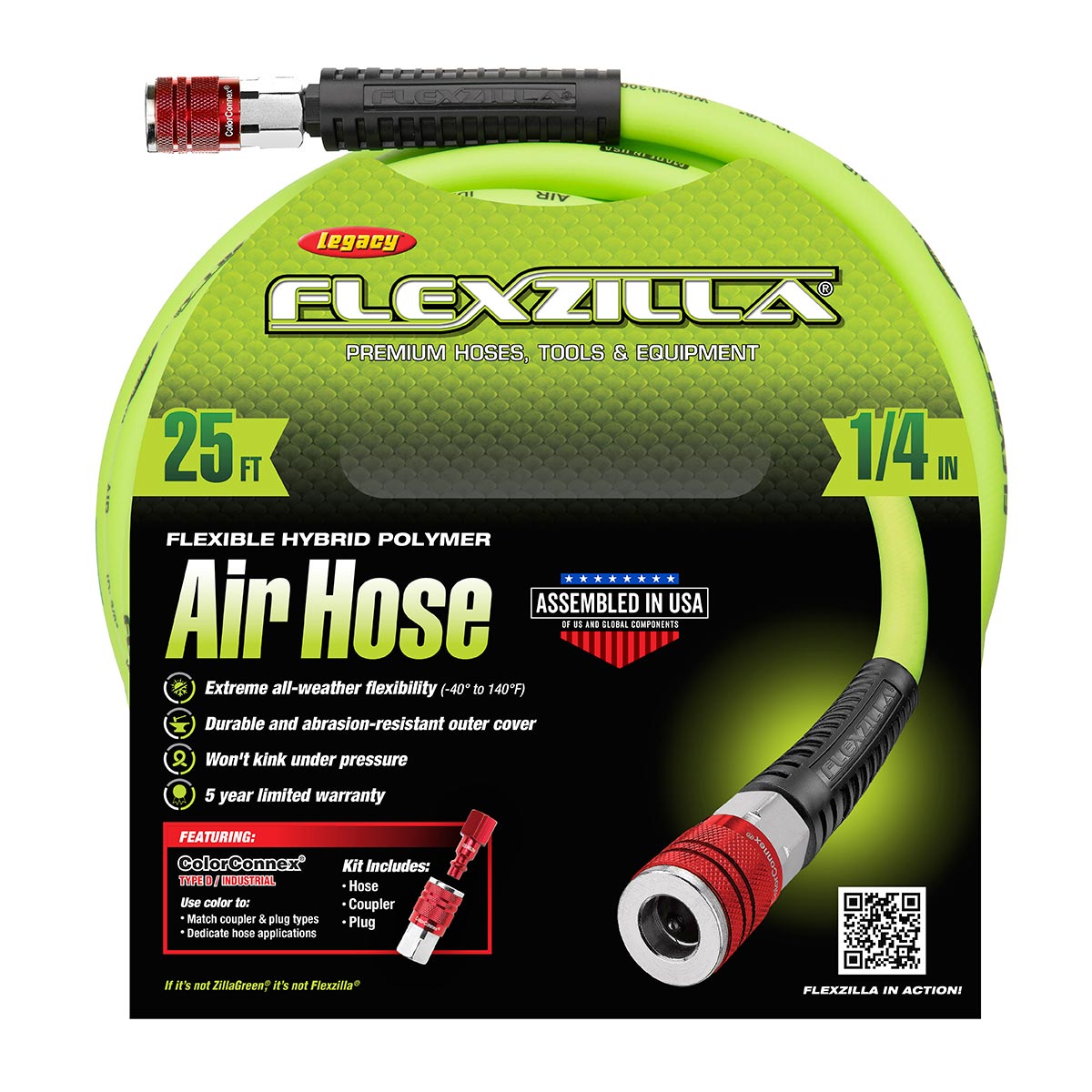 Flexzilla Heavy Duty Lightweight Air Hose 1/4" x 25' with ColorConnex Coupler and Plug - (Red) Ty
