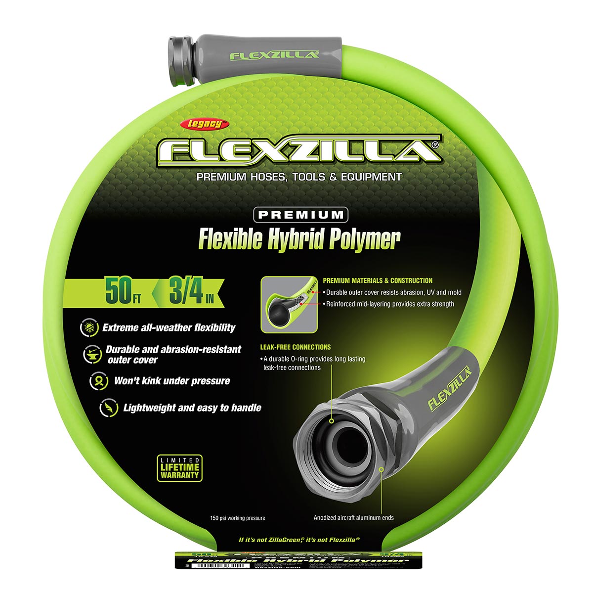 Flexzilla® Garden Hose 3/4" x 50' 3/4" - 11 1/2 GHT Fittings ZillaGreen®