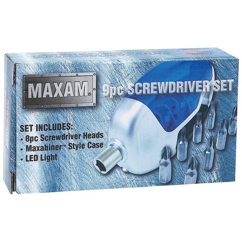 Maxam 9pc Screwdriver Set with Maxabiner Case and LED Light